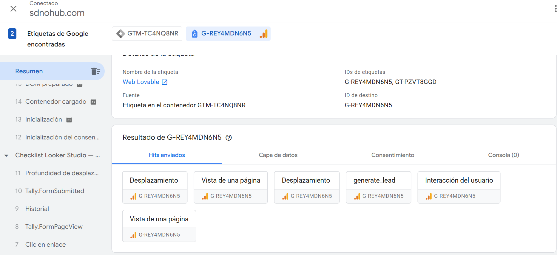 Vista previa de GA4: eventos lead / purchase enviados desde GTM, verificados en DebugView.